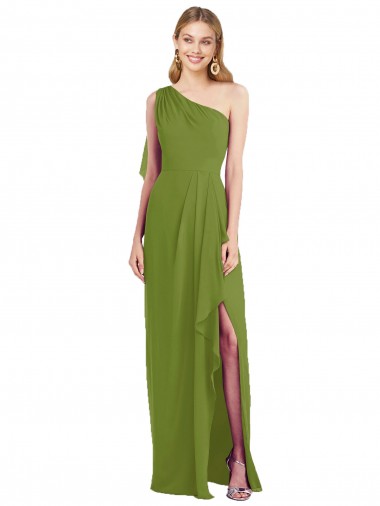 One Shoulder Chiffon Bridesmaid Dress with Draped Front Slit UK