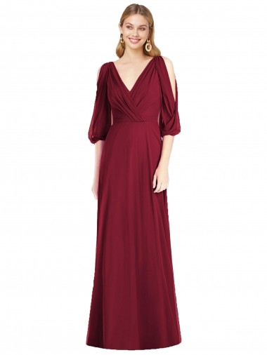 Draped V-Neck Bell Sleeves V-Back Chiffon Bridesmaid Dress UK