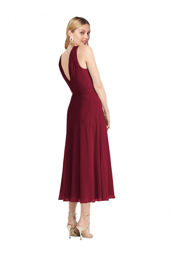 Midi Length Halter Plunging V-Back Chiffon Bridesmaid Dress UK