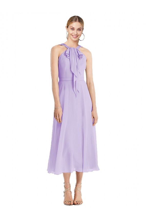 Midi Length Halter Plunging V-Back Chiffon Bridesmaid Dress UK