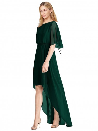 Plunging V Back Flutter Sleeves Cocktail Length Chiffon Bridesmaid Dress UK