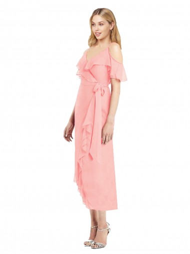 Cocktail Wrap Chiffon Bridesmaid Dress with Fluttering Ruffles UK