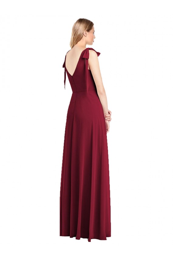 Full Length Bow-Shoulder V-Back Chiffon Bridesmaid Dress with Front Slit UK