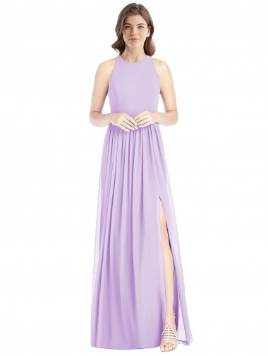 Shirred Skirt Jewel Neck Halter Chiffon Bridesmaid Dress with Front Slit UK