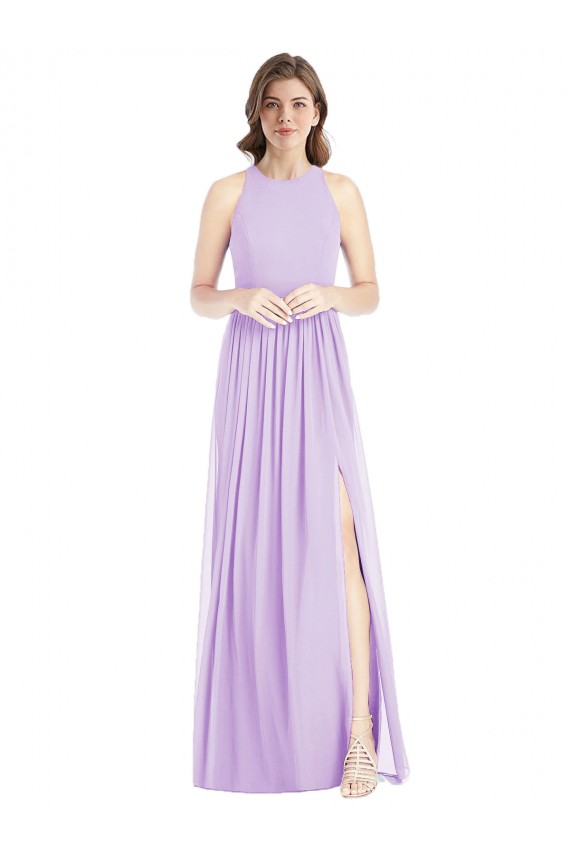 Shirred Skirt Jewel Neck Halter Chiffon Bridesmaid Dress with Front Slit UK