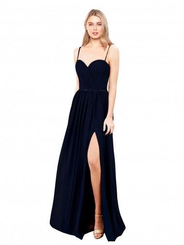 Draped A-Line Chiffon Bridesmaid Dress with Spaghetti Straps and High Slit UK