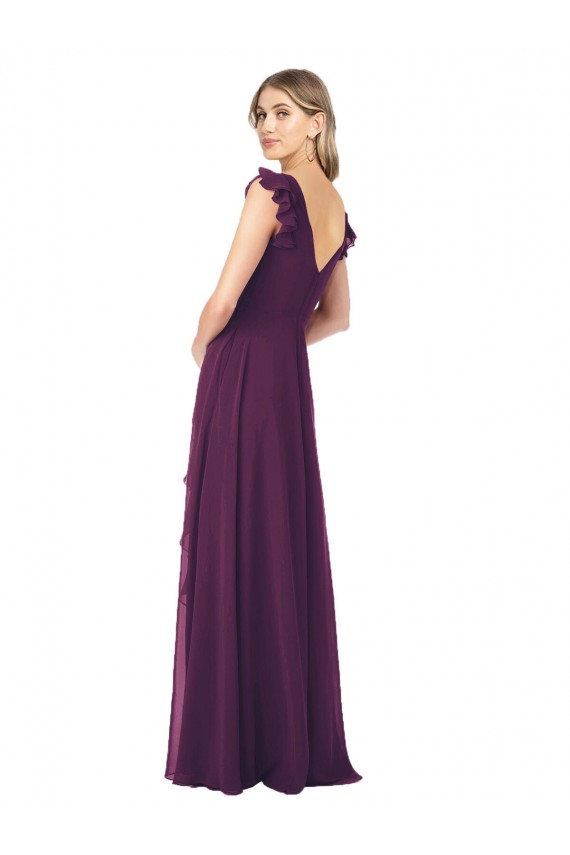 Ruffle Cap Sleeves Long Chiffon Bridesmaid Dress UK