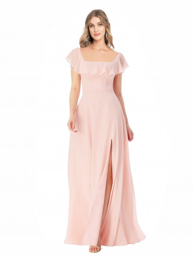 Flutter Cap Sleeves Square Neck Ruffle Chiffon Bridesmaid Dress UK