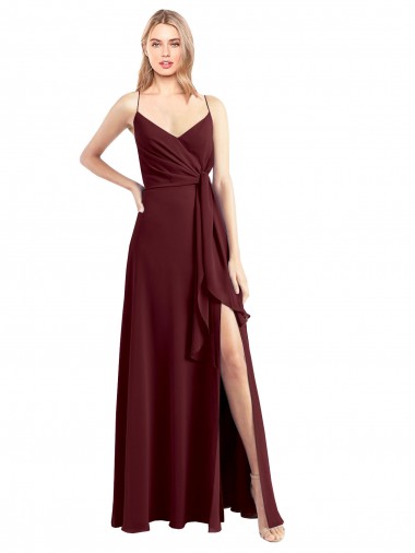 Spaghetti Straps V-Neck Long Chiffon Bridesmaid Dress with Side Slit UK