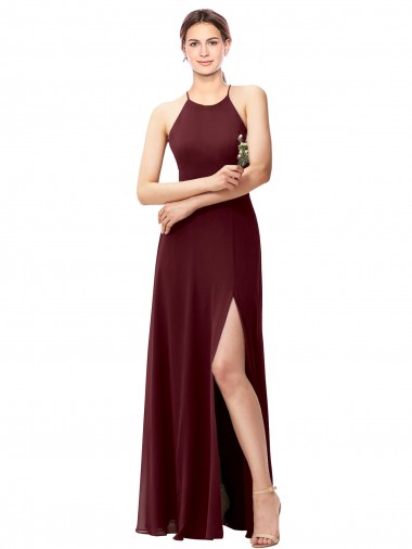 Slim Long High Halter Neck Chiffon Bridesmaid Dress with High Side Slit UK