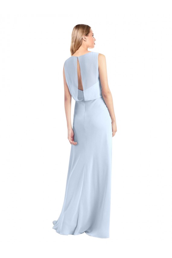 Illusion Boat Neck Long Full Length Chiffon Bridesmaid Dress with Keyhole Back UK