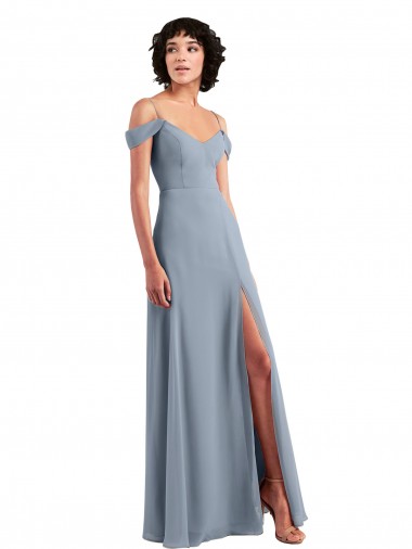 Off the Shoulder Folded Sleeve Long Chiffon Bridesmaid Dress with High Side Slit UK