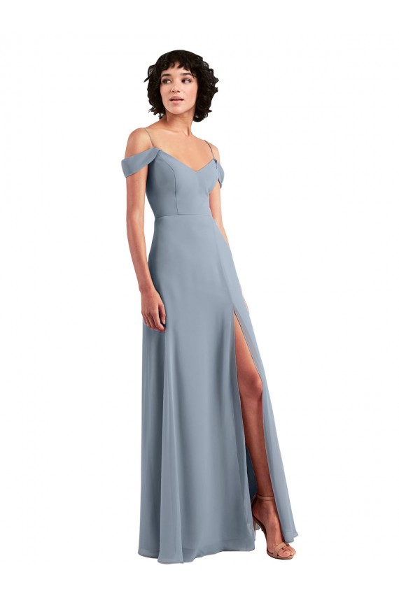 Off the Shoulder Folded Sleeve Long Chiffon Bridesmaid Dress with High Side Slit UK