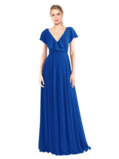 V-Neck A-Line Flutter Sleeves Long Chiffon Wrap Style Bridesmaid Dress UK