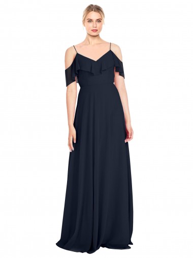 Draped Sleeves Flounce Neckline Long Chiffon Bridesmaid Dress with Spaghetti Straps UK