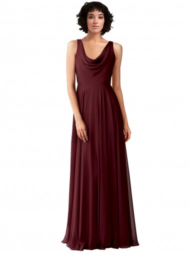 Draped Cowl Neck Long Chiffon Bridesmaid Dress with Wide Straps UK