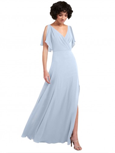 Split Flutter Sleeves V-Neck Chiffon Bridesmaid Dress with Open V-Back UK