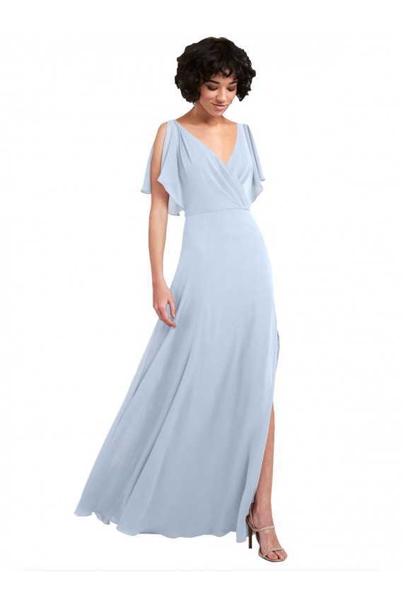 Split Flutter Sleeves V-Neck Chiffon Bridesmaid Dress with Open V-Back UK