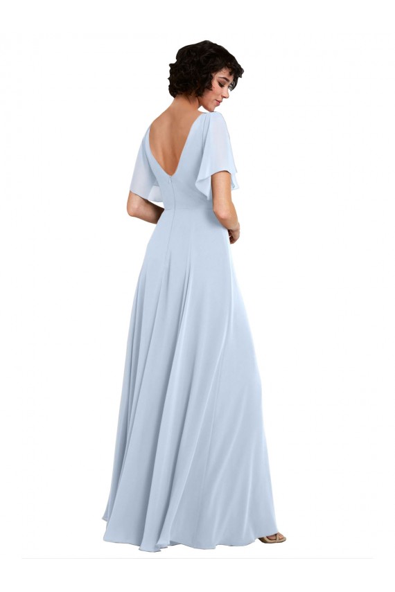 Split Flutter Sleeves V-Neck Chiffon Bridesmaid Dress with Open V-Back UK