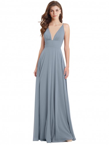 Fitted V-Neckline Long Chiffon Bridesmaid Dress with V-Back UK