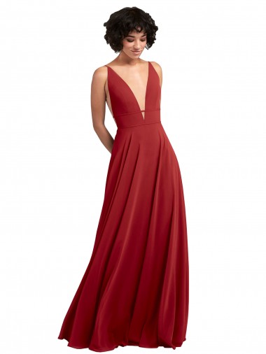 Fitted Plunging Deep V-Neck Long Chiffon Bridesmaid Dress with V-Back UK