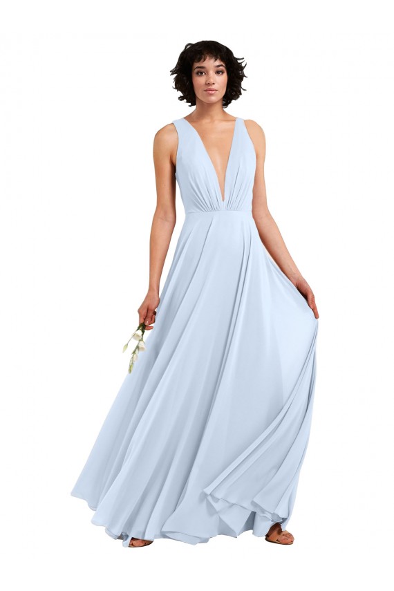 Daring Plunging V-Neck Long Chiffon Bridesmaid Dress with Pleated Bodice UK