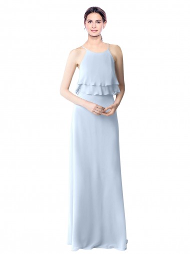 High Narrow Neck Long Chiffon Bridesmaid Dress with Tiered Ruffles UK