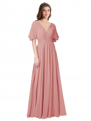 Flutter Sleeves Plunging V-Neck Boho Chiffon Bridesmaid Dress UK