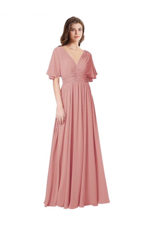 Flutter Sleeves Plunging V-Neck Boho Chiffon Bridesmaid Dress UK