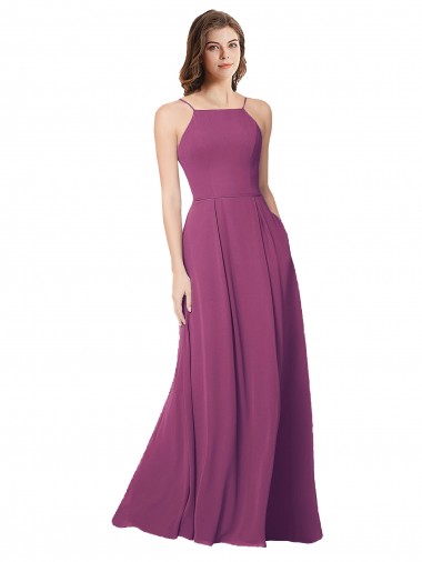 Halter Neck Long Pleated Chiffon Bridesmaid Dress with Pockets UK