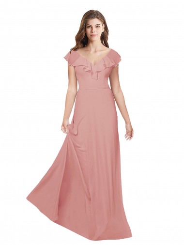 Flounced V Neckline Flutter Sleeves Chiffon Bridesmaid Dress UK