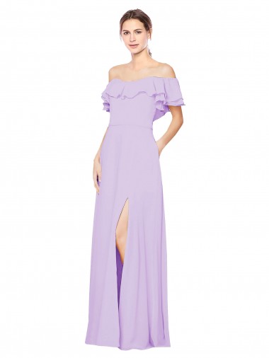 Ruffled Off the Shoulder Long Chiffon Bridesmaid Dress with Slit UK