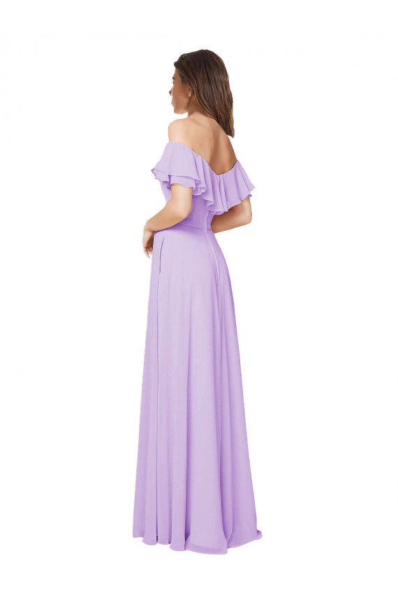 Ruffled Off the Shoulder Long Chiffon Bridesmaid Dress with Slit UK