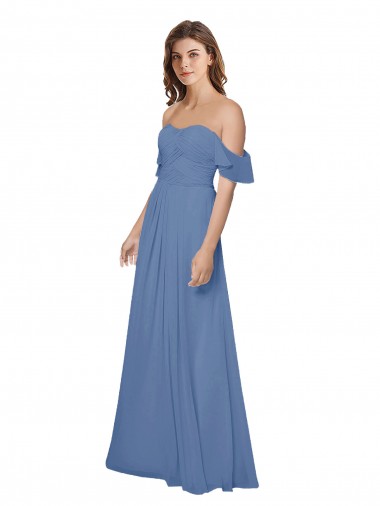 Flutter Sleeves Scoop Neck Off the Shoulder Long Chiffon Bridesmaid Dress UK