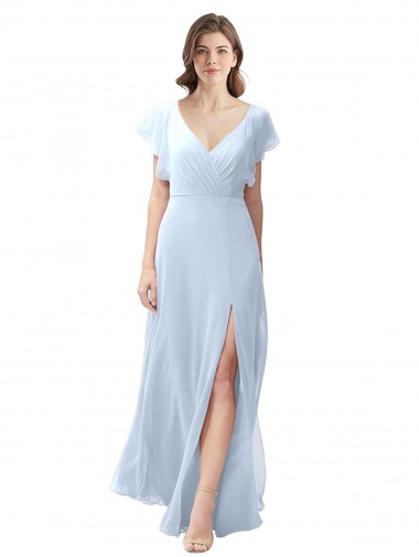 Flutter Sleeves Long Chiffon Bridesmaid Dress with Daring Open Back and Side Slit UK