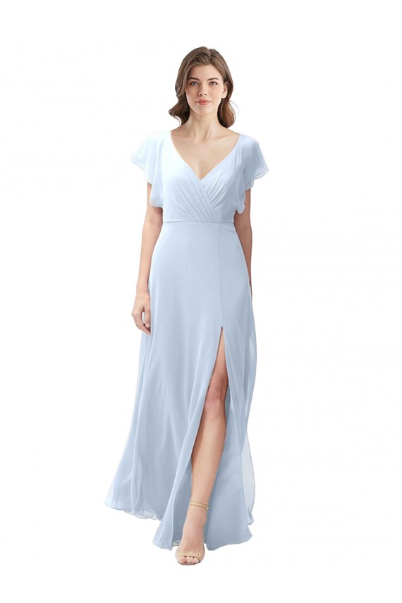 Flutter Sleeves Long Chiffon Bridesmaid Dress with Daring Open Back and Side Slit UK