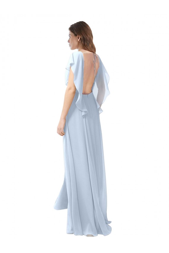 Flutter Sleeves Long Chiffon Bridesmaid Dress with Daring Open Back and Side Slit UK