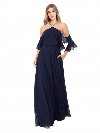 Halter Neck Cold Shoulder Flutter Sleeves Bridesmaid Dress UK