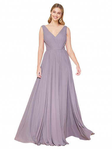 Draped Floor Length High Neck V-Back Chiffon Bridesmaid Dress with Shirred Bodice UK