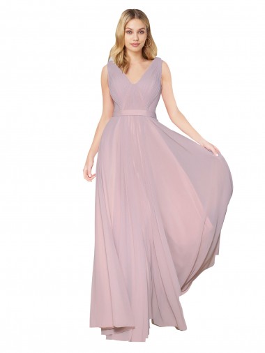 Draped V-Neck Long Chiffon Bridesmaid Dress with Shirred Bodice UK