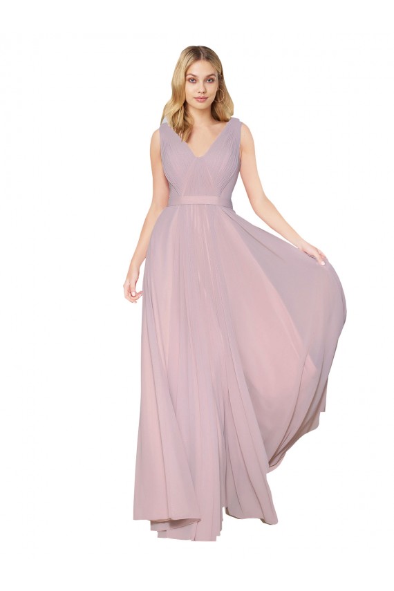 Draped V-Neck Long Chiffon Bridesmaid Dress with Shirred Bodice UK