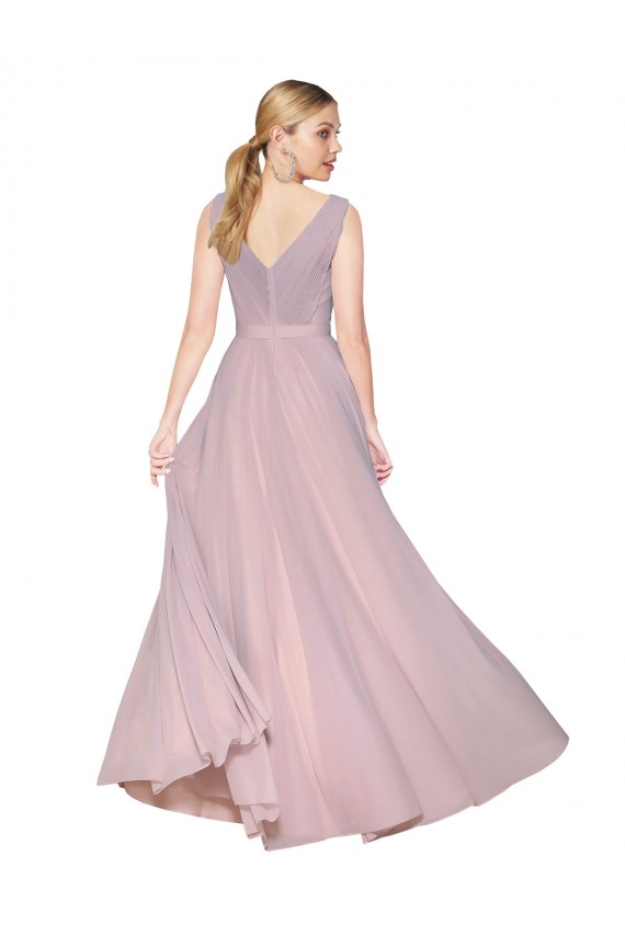 Draped V-Neck Long Chiffon Bridesmaid Dress with Shirred Bodice UK