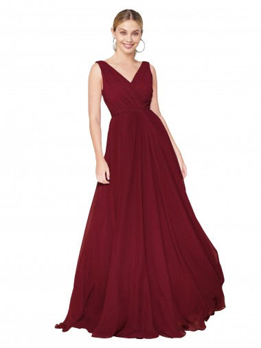 Draped A-Line V-Neck Floor Length Chiffon Bridesmaid Dress UK