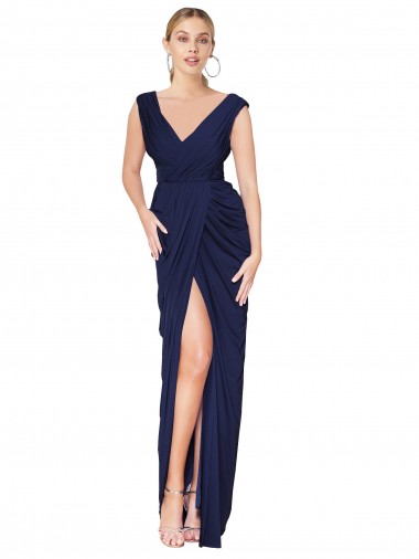 Draped V-Neck Long Chiffon Bridesmaid Dress with Front Slit UK