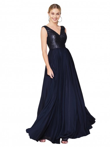 High Neck V-Neck Long Chiffon Bridesmaid Dress with Sequin Top UK