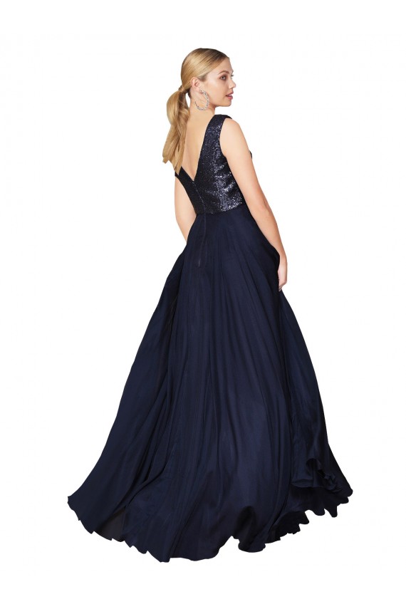 High Neck V-Neck Long Chiffon Bridesmaid Dress with Sequin Top UK