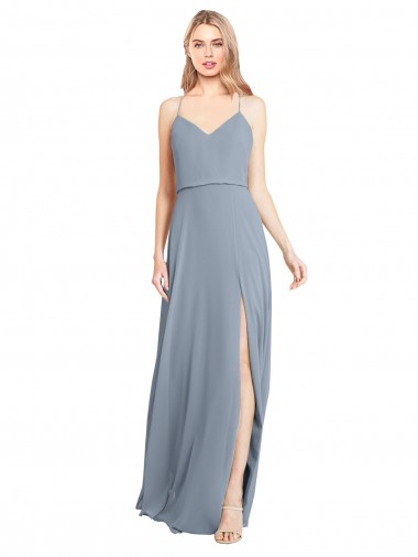 Spaghetti Straps V-Neckline Long Chiffon Bridesmaid Dress with High Slit UK