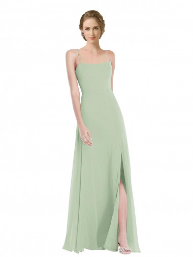 Scoop Neck Tie Strap Maxi Bridesmaid Dress with Front Slit UK