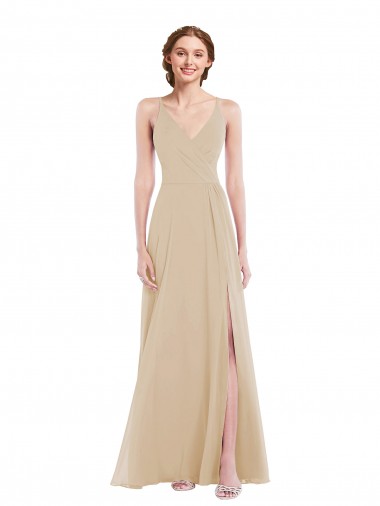 Faux Wrap Criss Cross Back Maxi Bridesmaid Dress with Front Slit UK