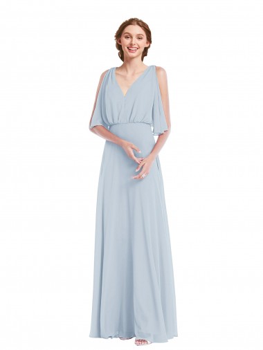 V-Neck Split Sleeves Blouson Bodice Maxi Bridesmaid Dress UK